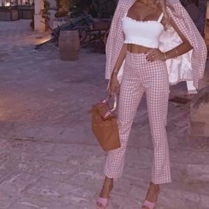 NWOT Zara Pink Gingham Belted Blazer + Flare High Waisted Pants/Trouser Size M